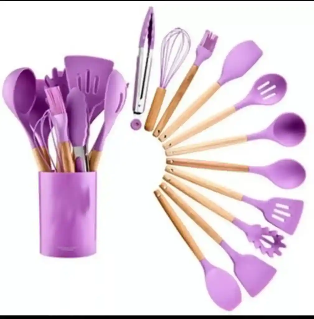 Set De Utensilios Para Cocina En Silicona Con Mango De Madera 12 Piezas Cucharas Color Morado