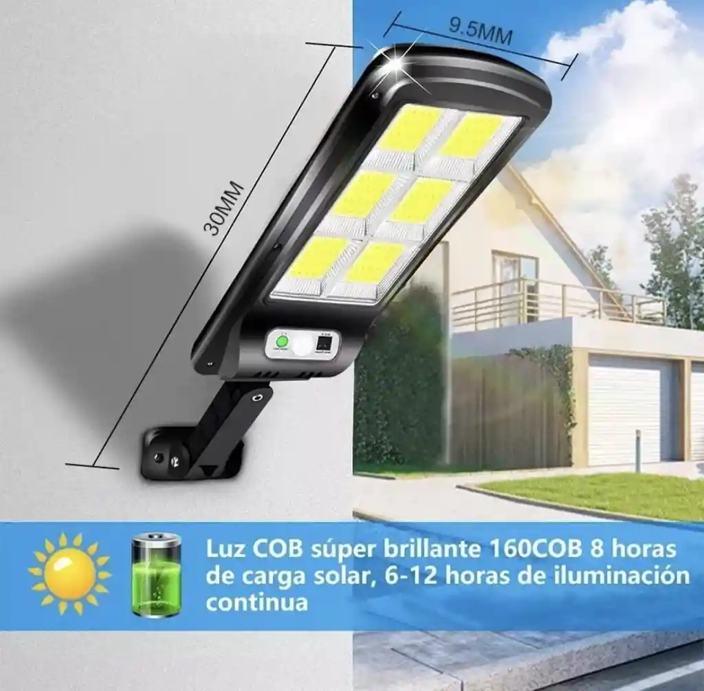Reflector Lampara Solar Led 3 Modos Con Panel + Control Color Negro