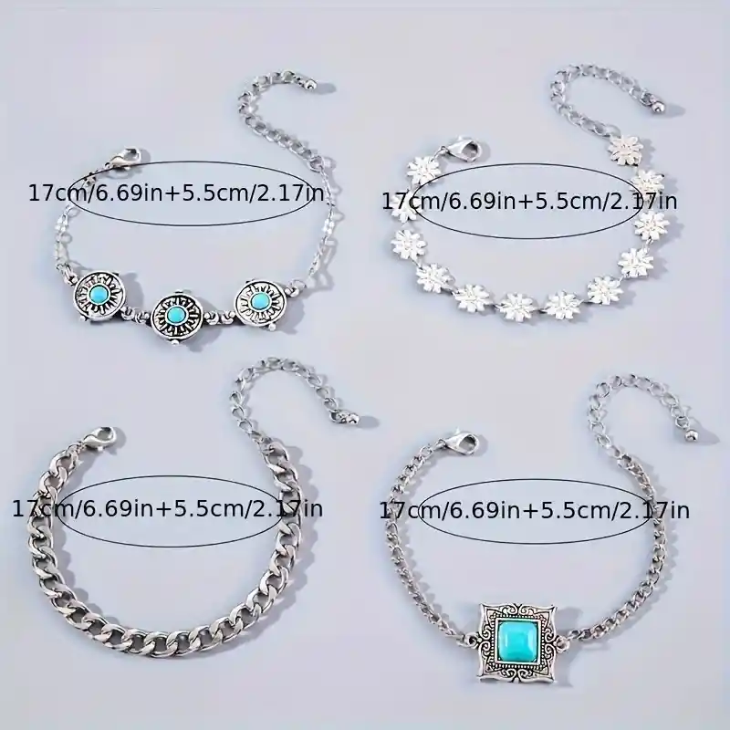 Juego De 4 Pulseras Con Incrustaciones De Turquesa