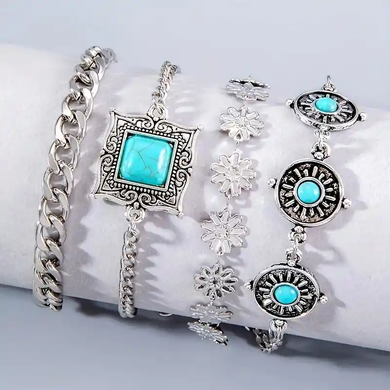 Juego De 4 Pulseras Con Incrustaciones De Turquesa