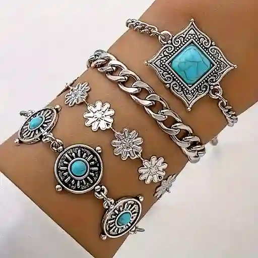 Juego De 4 Pulseras Con Incrustaciones De Turquesa