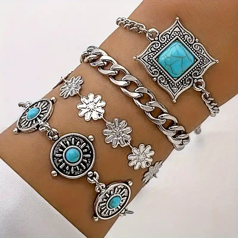 Juego De 4 Pulseras Con Incrustaciones De Turquesa