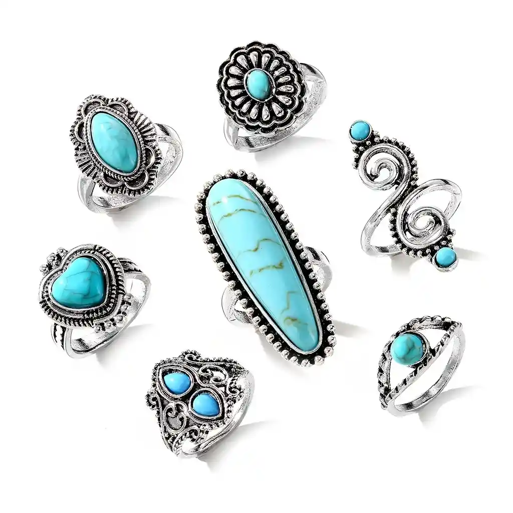 Juego De 7 Anillos Vintage Boho Estilo Turquesa Imitación