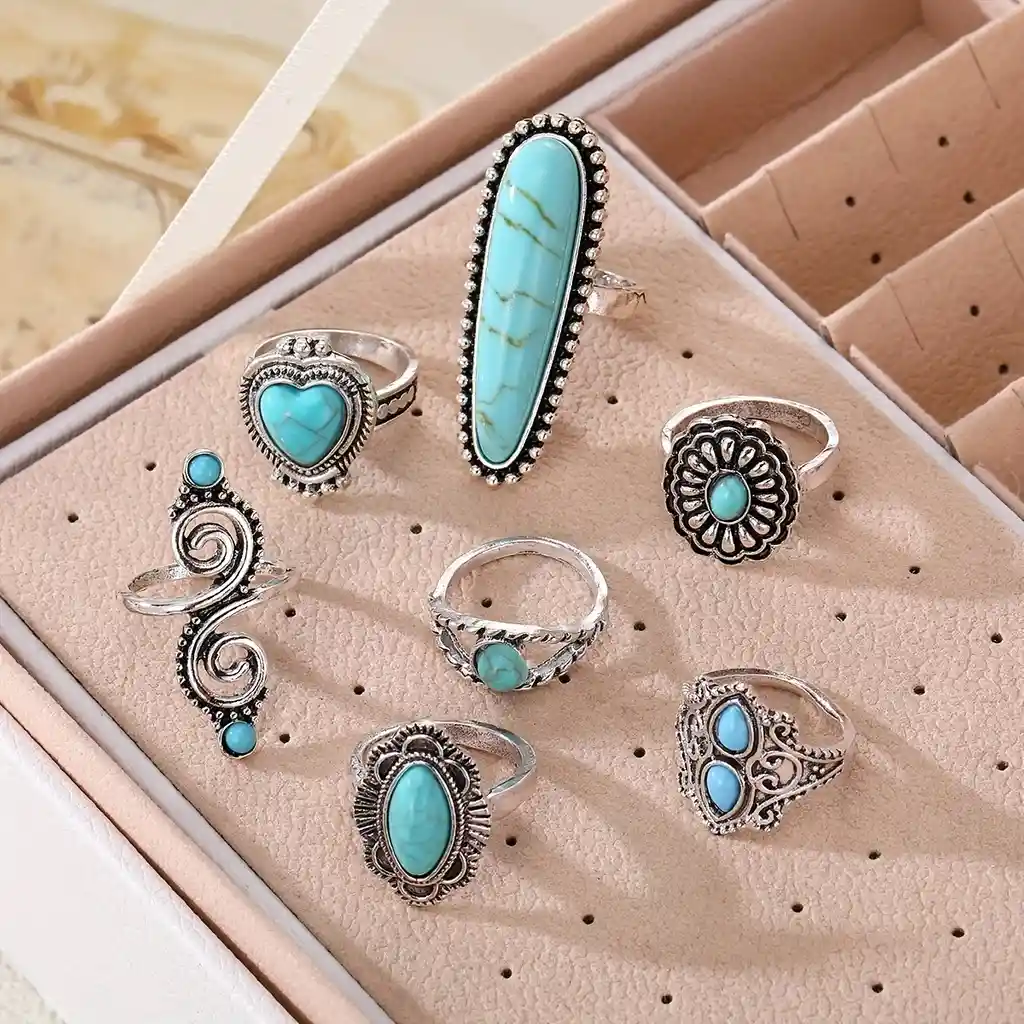 Juego De 7 Anillos Vintage Boho Estilo Turquesa Imitación