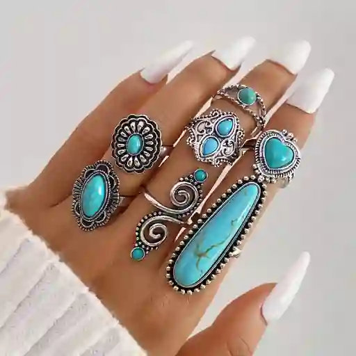 Juego De 7 Anillos Vintage Boho Estilo Turquesa Imitación