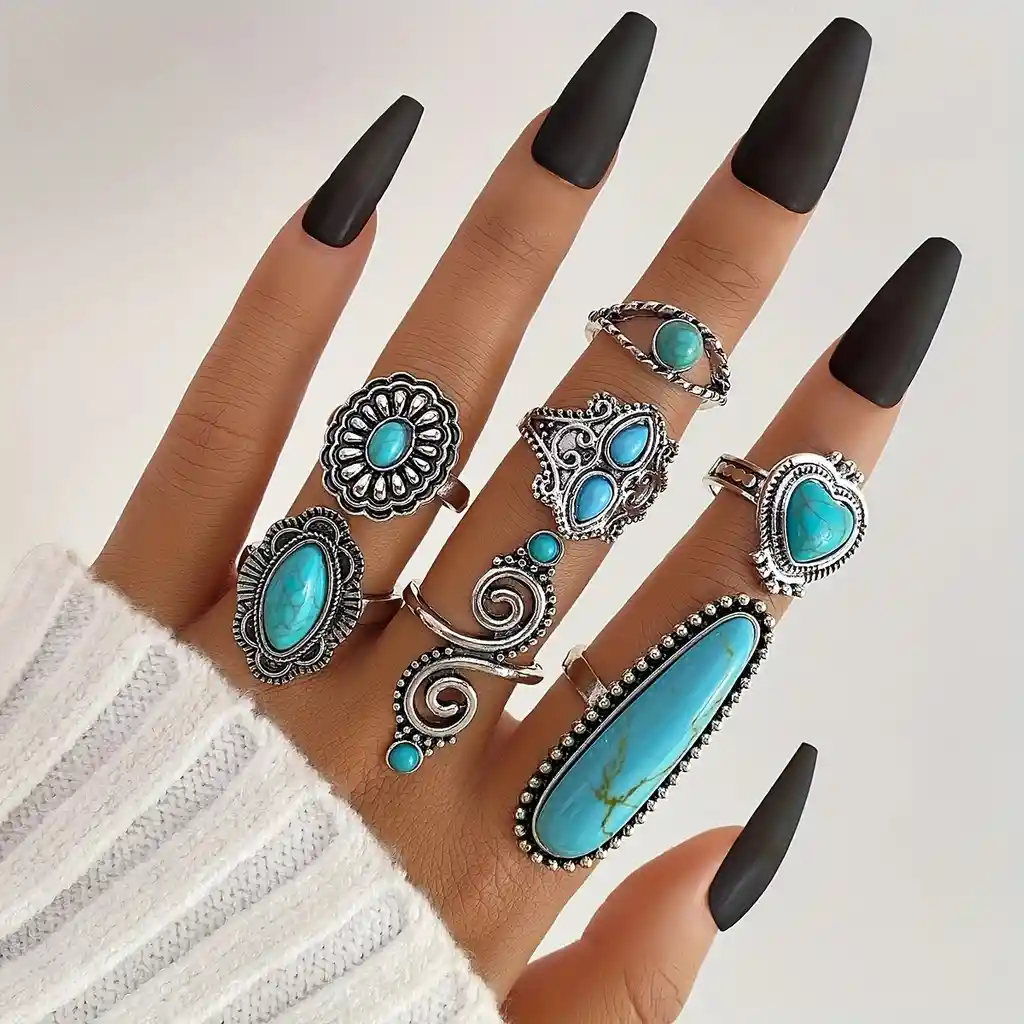 Juego De 7 Anillos Vintage Boho Estilo Turquesa Imitación