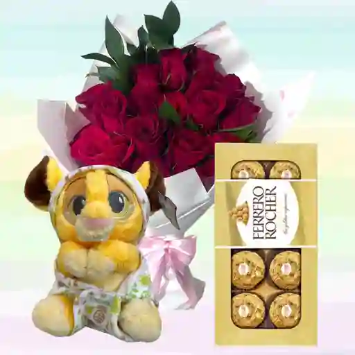 Flores Rosas X20 Con Peluche Simba Bebé Y Ferrero Rocher