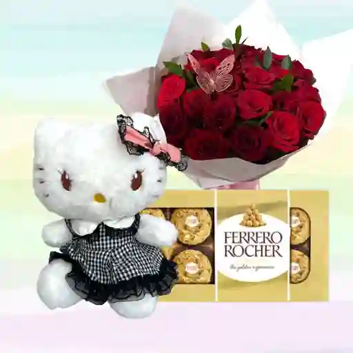 Flores Rosas X20 Con Peluche Hello Kitty Vestido Negro Con Ferrero Rocher