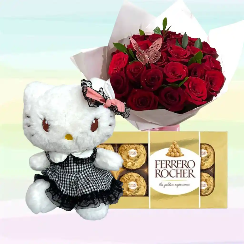 Flores Rosas X20 Con Peluche Hello Kitty Vestido Negro Con Ferrero Rocher