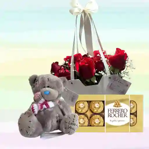 Flores Rosas X20 Con Peluche Llavero Osito Gris Y Ferrero Rocher