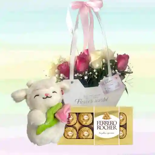 Flores Rosas X20 Con Peluche Llavero Ovejita Y Ferrero Rocher
