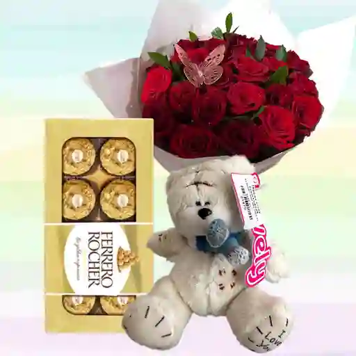 Flores Rosas X20 Con Peluche Llavero Osito Blanco Y Ferrero Rocher