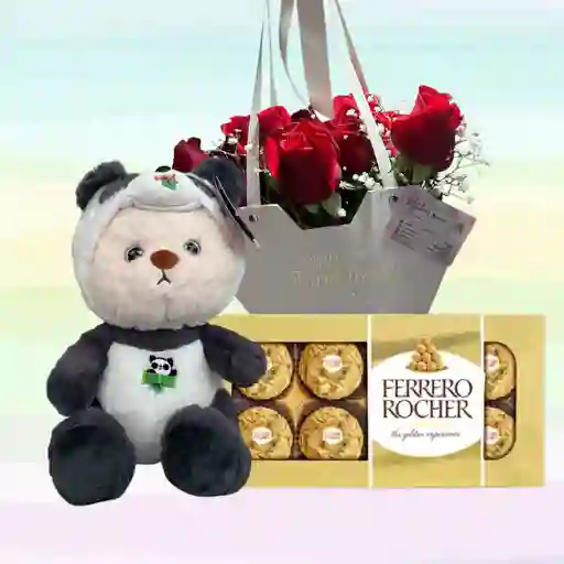 Flores Rosas X20 Con Peluche Oso Disfraz De Panda Y Ferrero Rocher