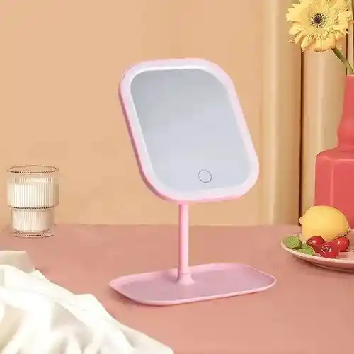 Espejo De Maquillaje Con Luz Led Táctil Recargable Desmontable Moderno Con Soporte Rosado