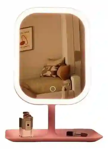 Espejo De Maquillaje Con Luz Led Táctil Recargable Desmontable Moderno Con Soporte Rosado