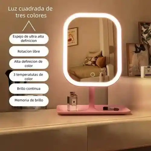 Espejo De Maquillaje Con Luz Led Táctil Recargable Desmontable Moderno Con Soporte Rosado
