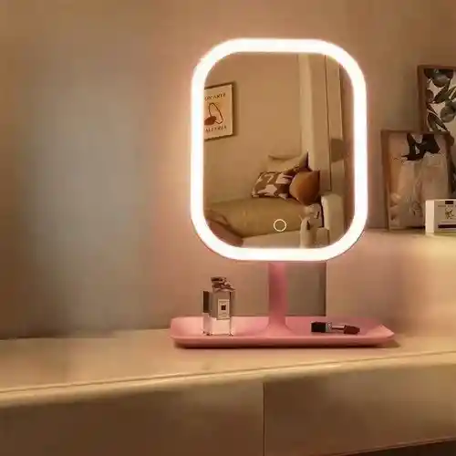 Espejo De Maquillaje Con Luz Led Táctil Recargable Desmontable Moderno Con Soporte Rosado
