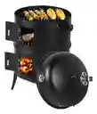 Asador Barril Portátil 3 En 1. Ahumador, Parrilla Y Brasero Color Negro