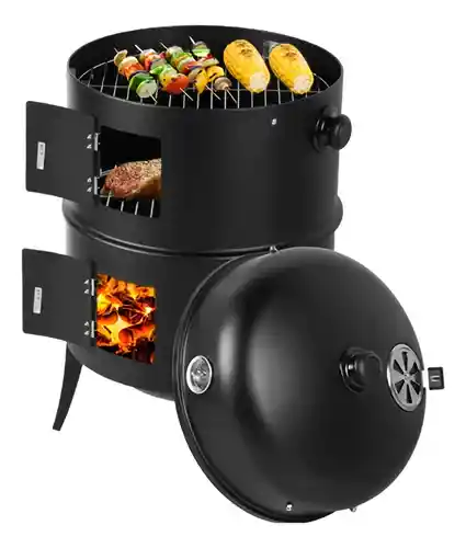 Asador Barril Portátil 3 En 1. Ahumador, Parrilla Y Brasero Color Negro