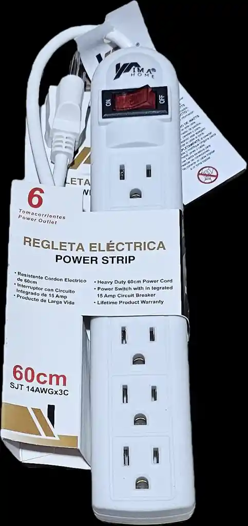 Regleta Blanca Plastica 6 Toma Corriente Polo Tierra Con Interruptor Cordon 60cm 15a