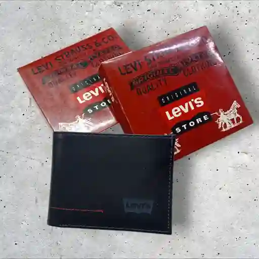 Billetera Hombre Levis Cuero Genuino De Alta Calidad Negro Detalles Amarillo - Grabado