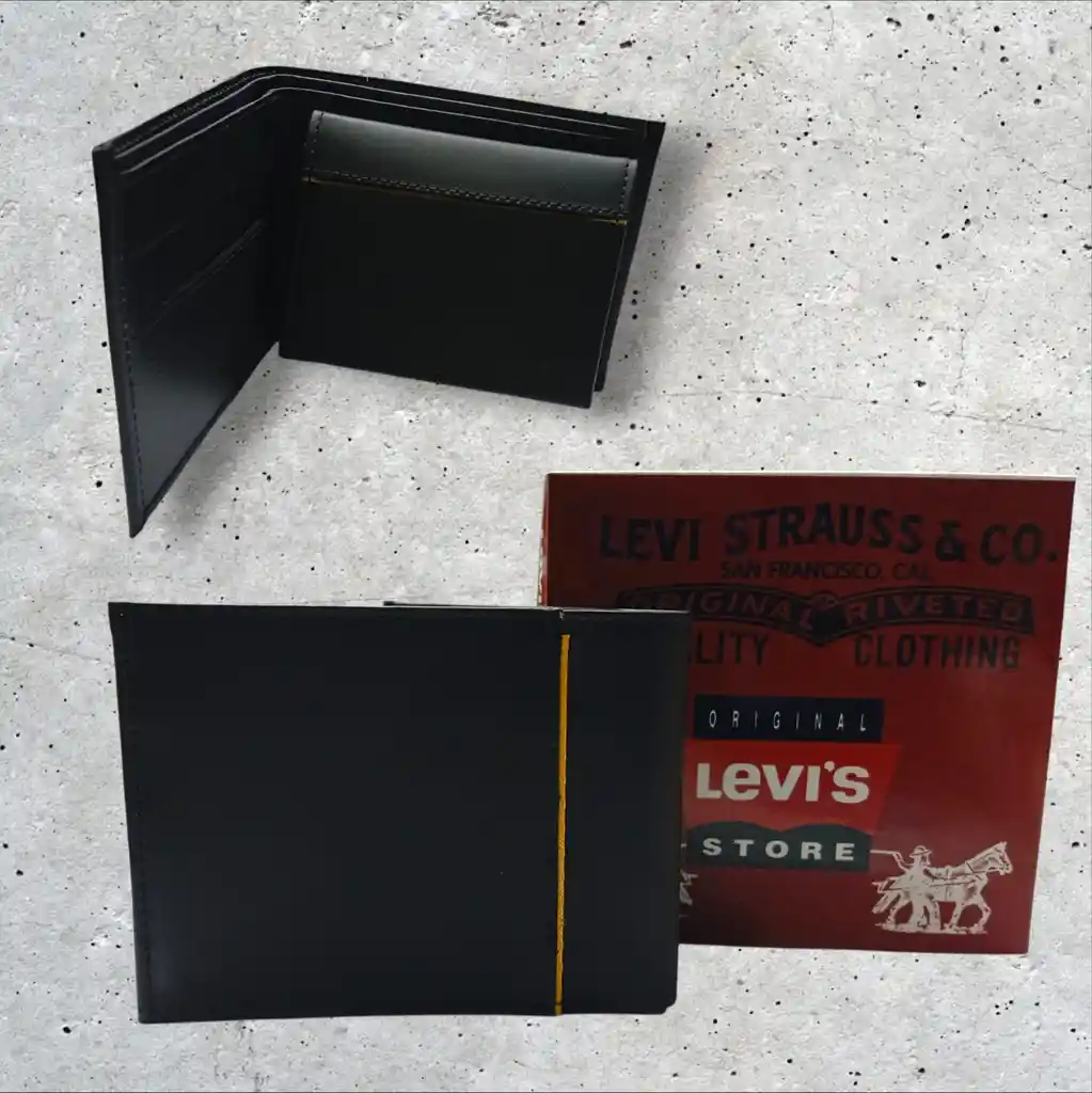 Billetera Hombre Levis Cuero Genuino De Alta Calidad Negro Detalles Amarillo - Grabado