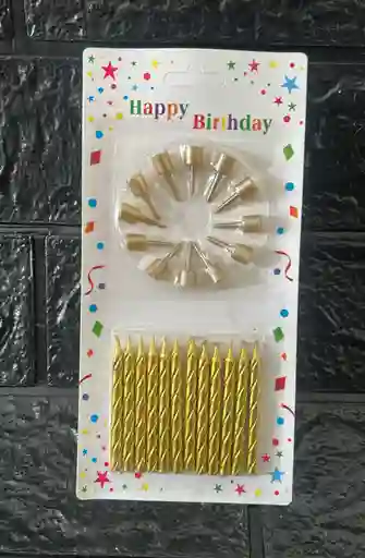 Vela Cumpleaños Espiral Doradas Pequeñas + Base X12 Cod.1543