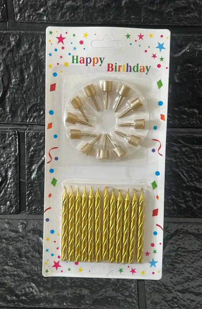 Vela Cumpleaños Espiral Doradas Pequeñas + Base X12 Cod.1543