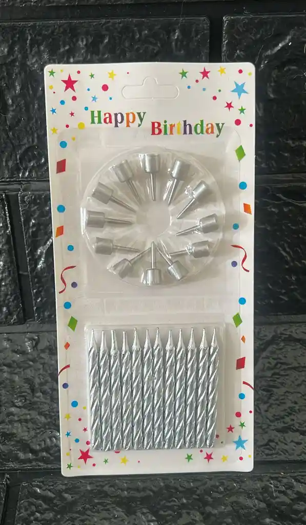Vela Cumpleaños Espiral Plateadas Pequeñas + Base X12
