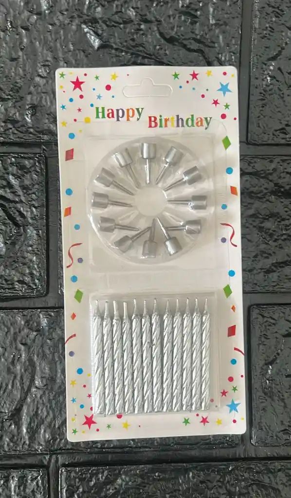 Vela Cumpleaños Espiral Plateadas Pequeñas + Base X12