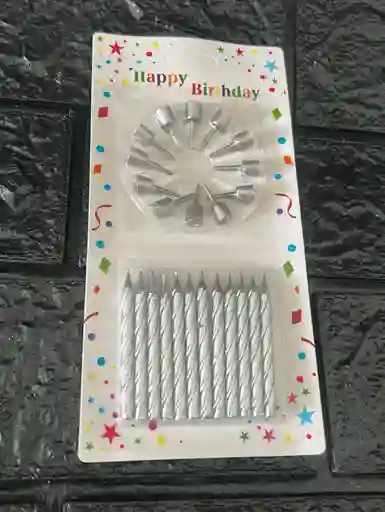 Vela Cumpleaños Espiral Plateadas Pequeñas + Base X12