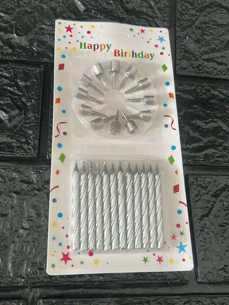 Vela Cumpleaños Espiral Plateadas Pequeñas + Base X12
