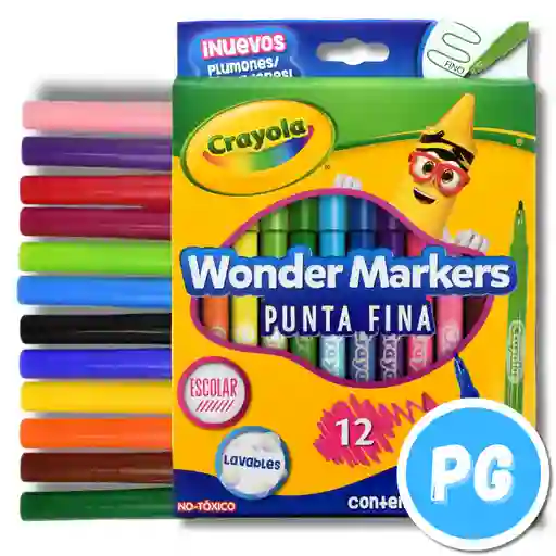 Paquete Plumones Crayola Punta Fina X12 Unds Surtidos Wonder Markers