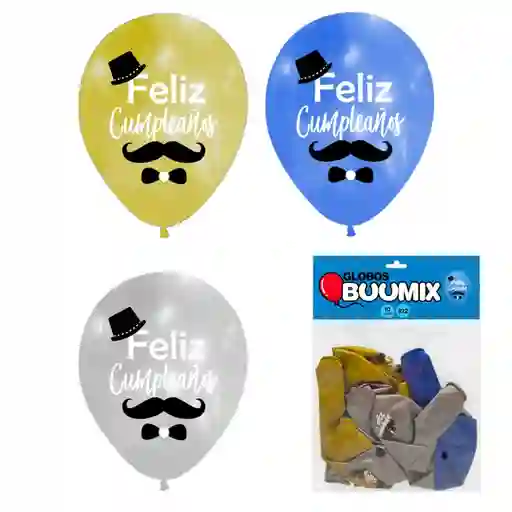 Bomba, Globo De Feliz Cumpleaños Con Bigote, Dorado, Azul Y Gris X10