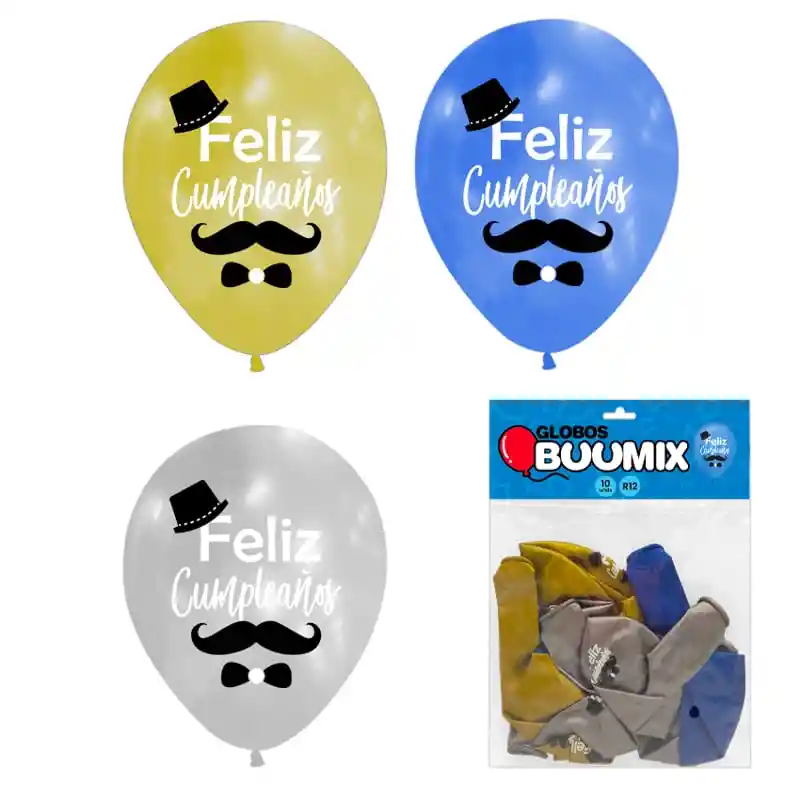 Bomba, Globo De Feliz Cumpleaños Con Bigote, Dorado, Azul Y Gris X10