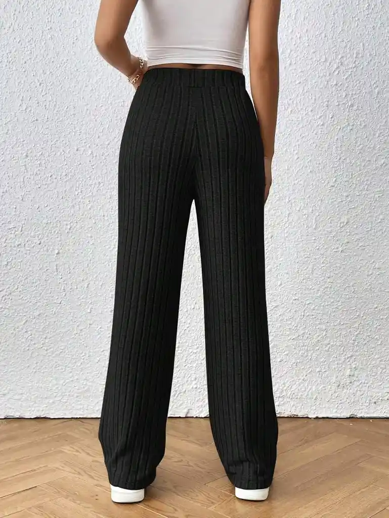 Pantalones Unicolor De Cintura Con Nudo Tejido De Canalé