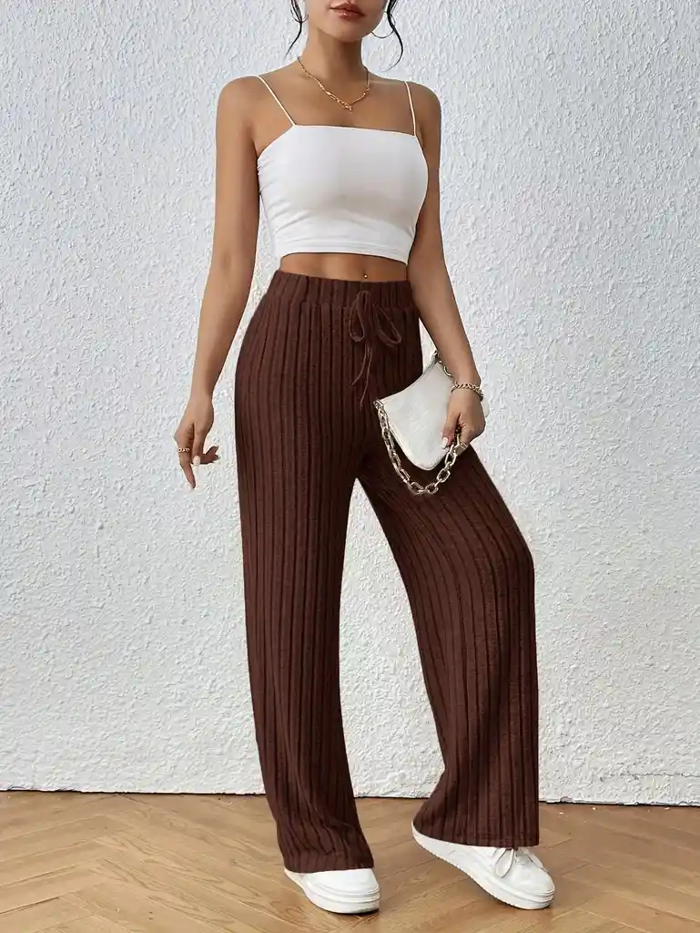Pantalones Unicolor De Cintura Con Nudo Tejido De Canalé