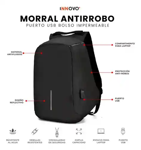 Bolso Mochila De Espalda Multifuncional Unisex Negra Con Puerto Usb Divisiones Laptop