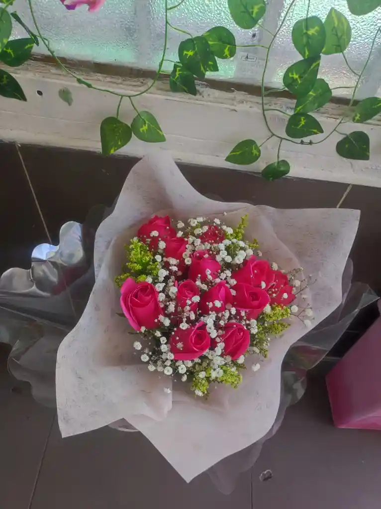 💖 Ramo De Rosas Fucsia Con Gypsophila