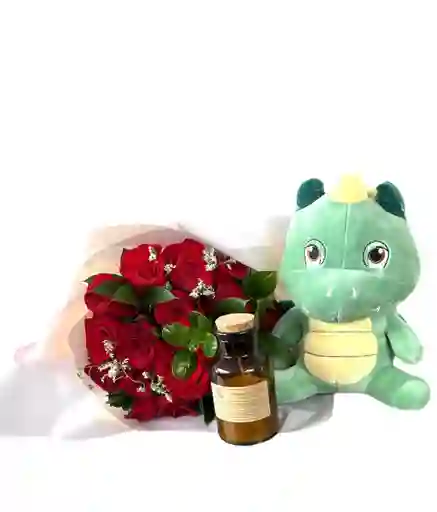 Arreglo Floral Bouquet 18 Rosas Rojas Y Dragón Peluche Y Vela De Soya