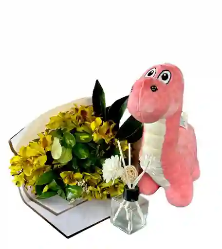 Bouquet De Flores Astromelias, Difusor Ambientador Y Peluche Dinosaurio