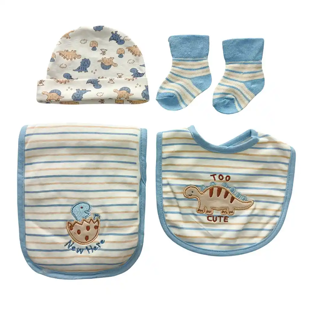 Set 4pz Dinosaurio Con Babero, Babita, Gorro Y Medias A Juego Para Bebé, Hechos En Algodón Hipoalergénico, Babero Absorbente, Con Diseño Estampado