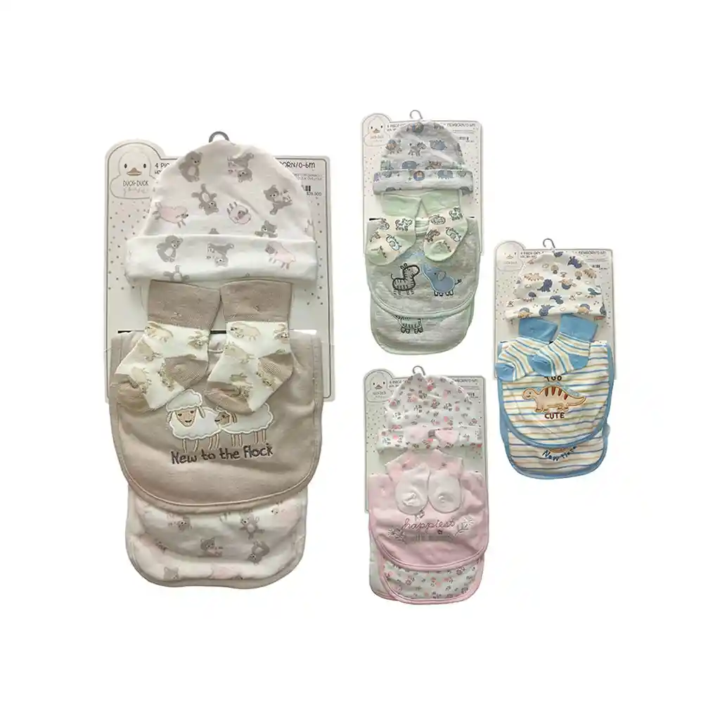 Set 4pz Sabana Con Babero, Babita, Gorro Y Medias A Juego Para Bebé, Hechos En Algodón Hipoalergénico, Babero Absorbente, Con Diseño Estampado