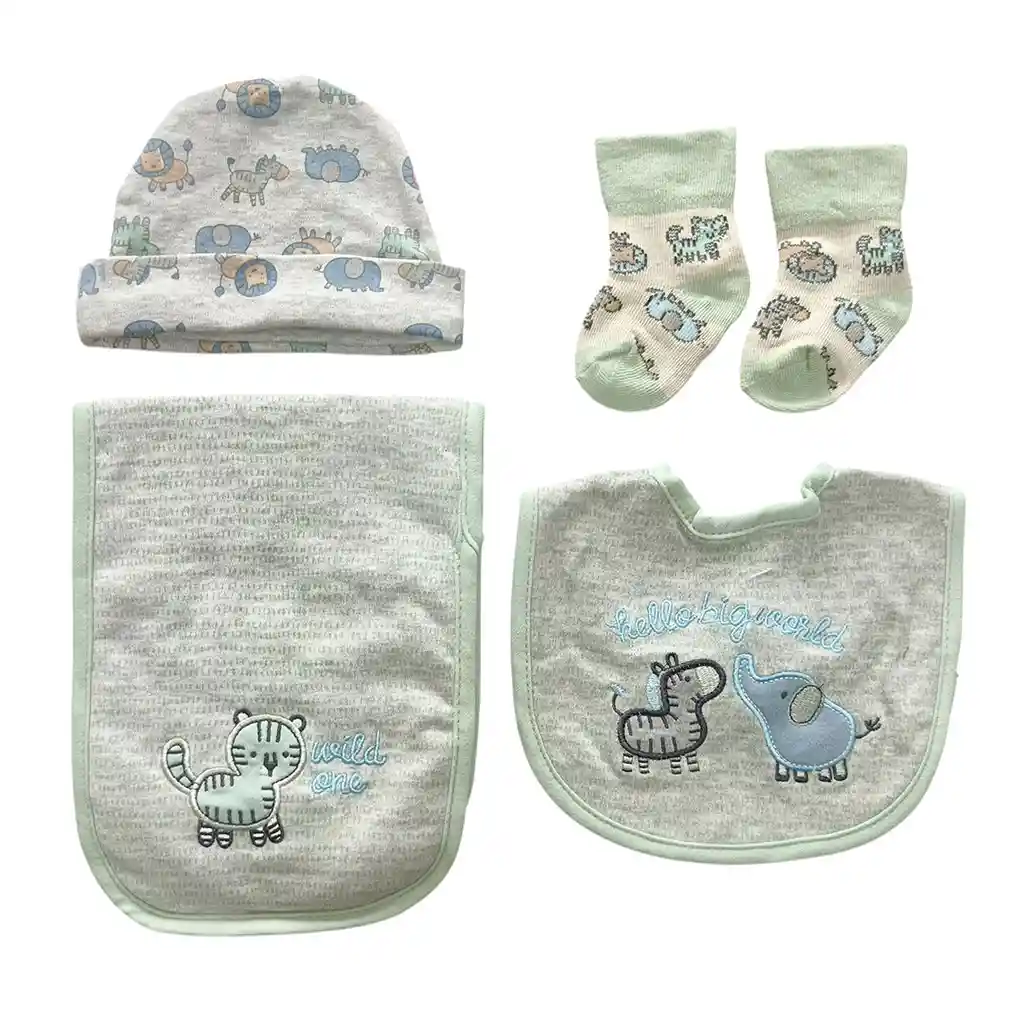 Set 4pz Sabana Con Babero, Babita, Gorro Y Medias A Juego Para Bebé, Hechos En Algodón Hipoalergénico, Babero Absorbente, Con Diseño Estampado