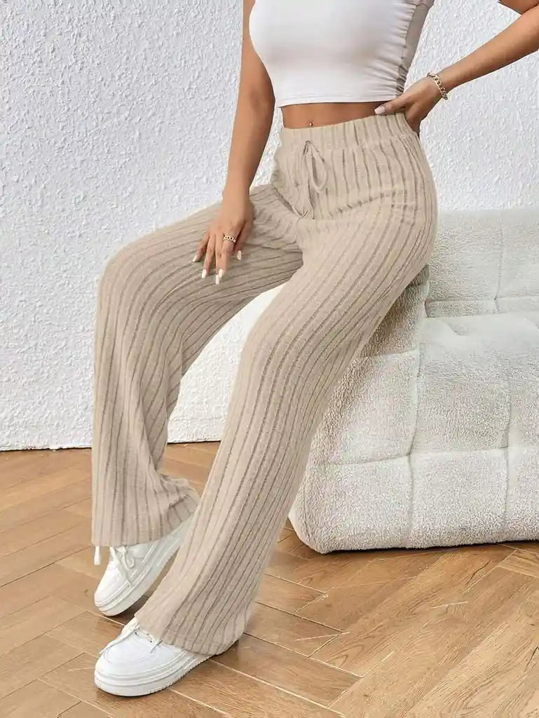Pantalones Unicolor De Cintura Con Nudo Tejido De Canalé