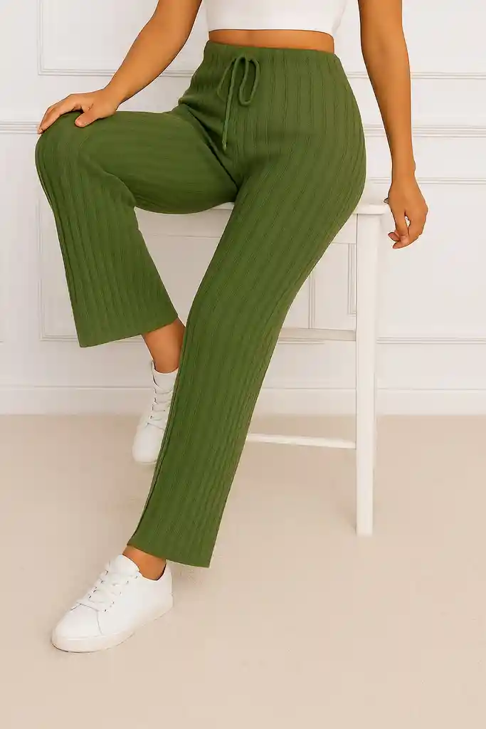 Pantalones Unicolor De Cintura Con Nudo Tejido De Canalé