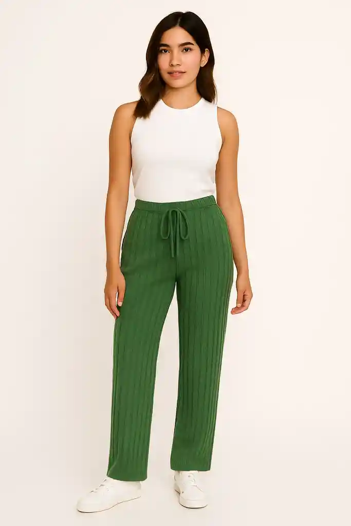 Pantalones Unicolor De Cintura Con Nudo Tejido De Canalé