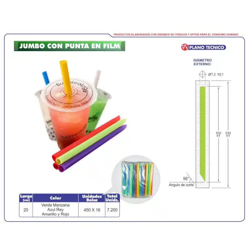 Pitillo Malteada Jumbo Con Punta 7.2mm Colores Forrados X 450und