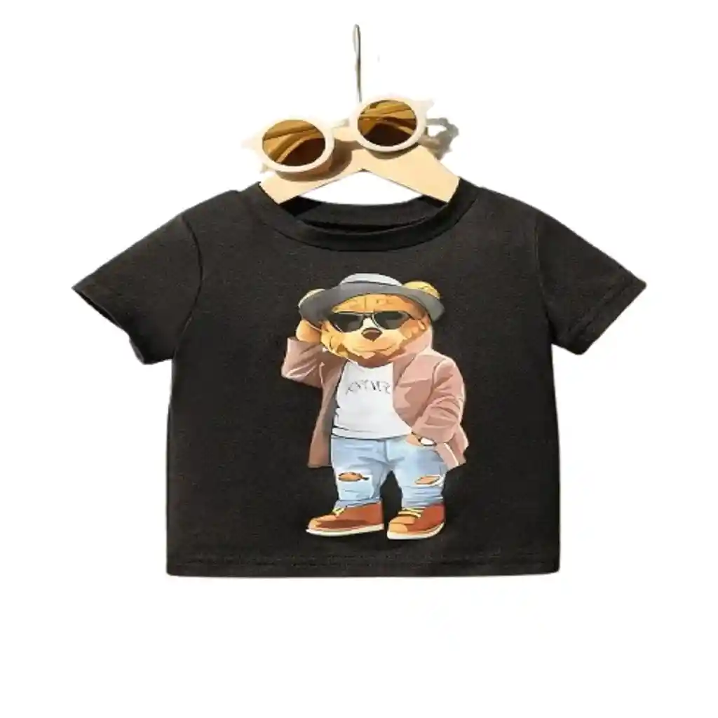 Camiseta Negra Con Oso De Peluche Talla 18-24 Meses