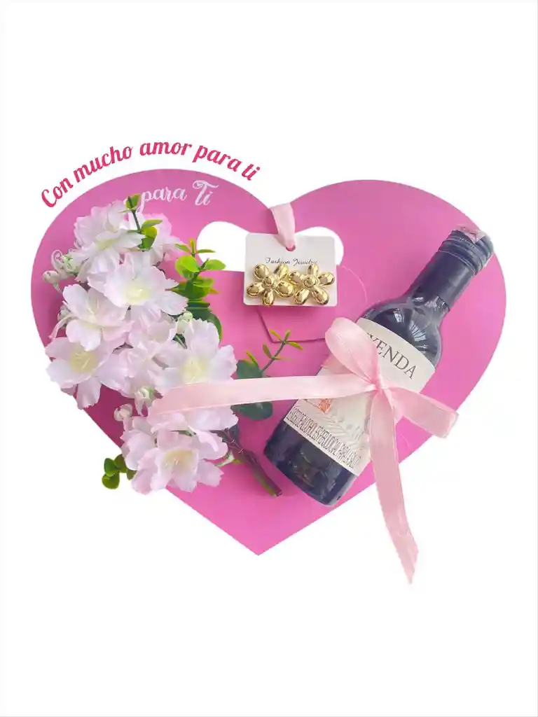 Regalo Amor Y Amistad Corazon De Flores De Cerezo, Vino Y Aretes Margaritas